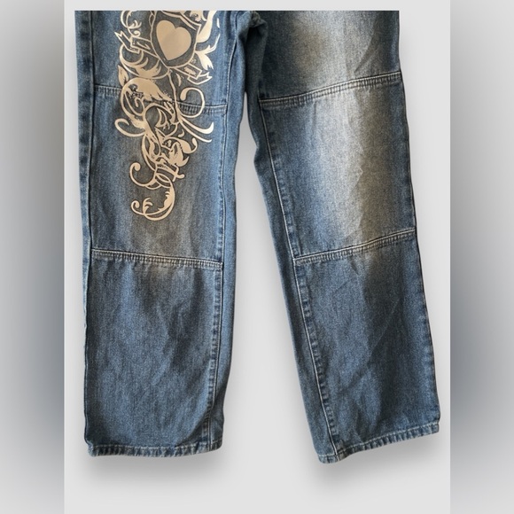 Women Low Rise Washed Baggy Jeans Heart Floral Graffiti Wide Leg Denim Sz Sm - Picture 5 of 7